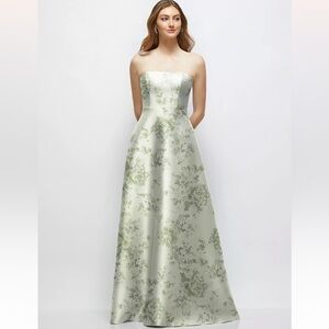 Dessy Strapless Floral Green Satin Gown